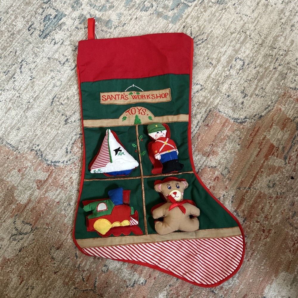 Vintage KUBLA CRAFTS Quilted Christmas Stocking w/ 3D Plush Toys Set 1989